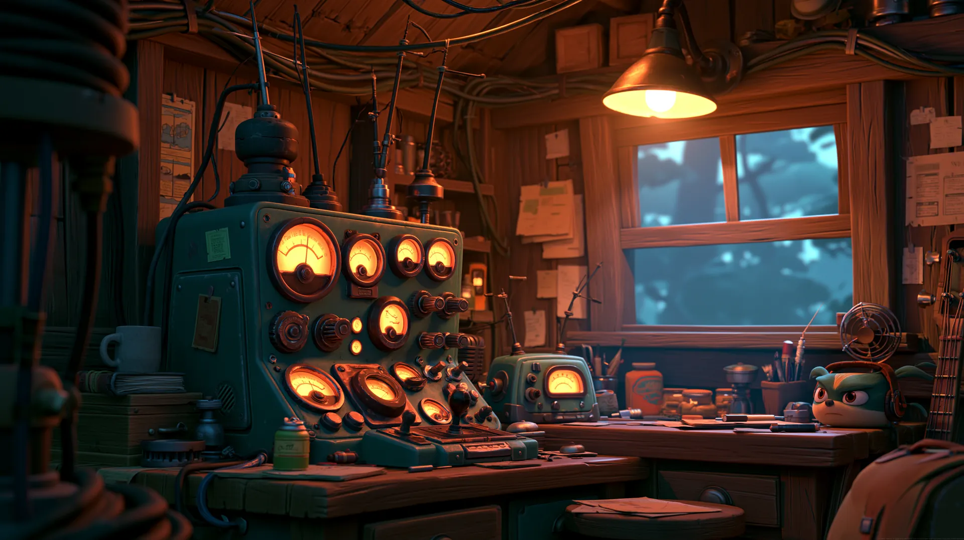 A signal shack lit by blue screens and tangled wiring