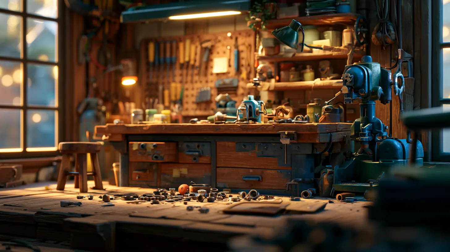 A robot's workbench cluttered with tools and parts